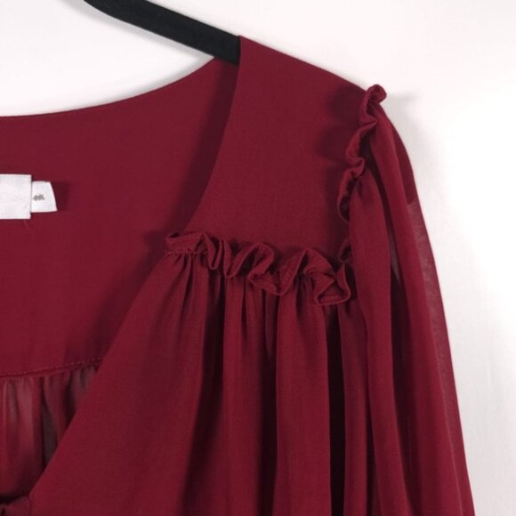 Misa Los Angeles Sheer Chiffon Wine Top V neck Pleated Ruffle Size MEDIUM - Picture 5 of 11